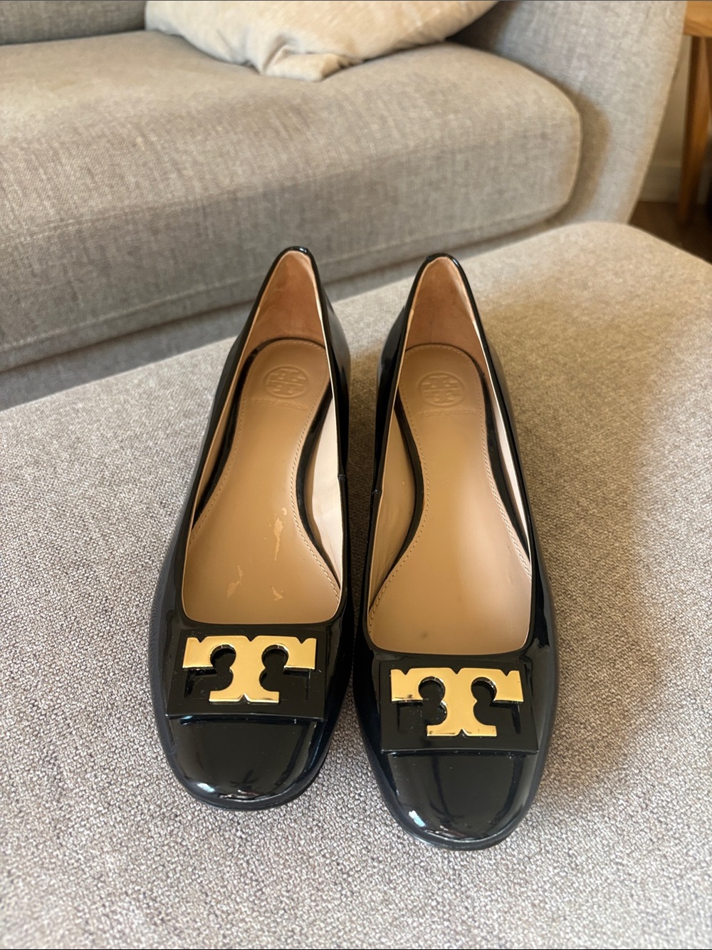 Tory Burch Black Patent Ballet Flats with Gold Logo Plaque